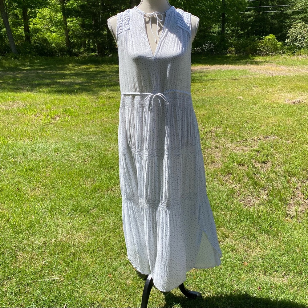 JAMES PERSE DRESS MAXI SHEER WHITE BLUE SLEEVELESS TIE NECK & WAIST SIZE 1 S